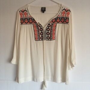 Bobeau Embroidered Boho Peasant Top Size S